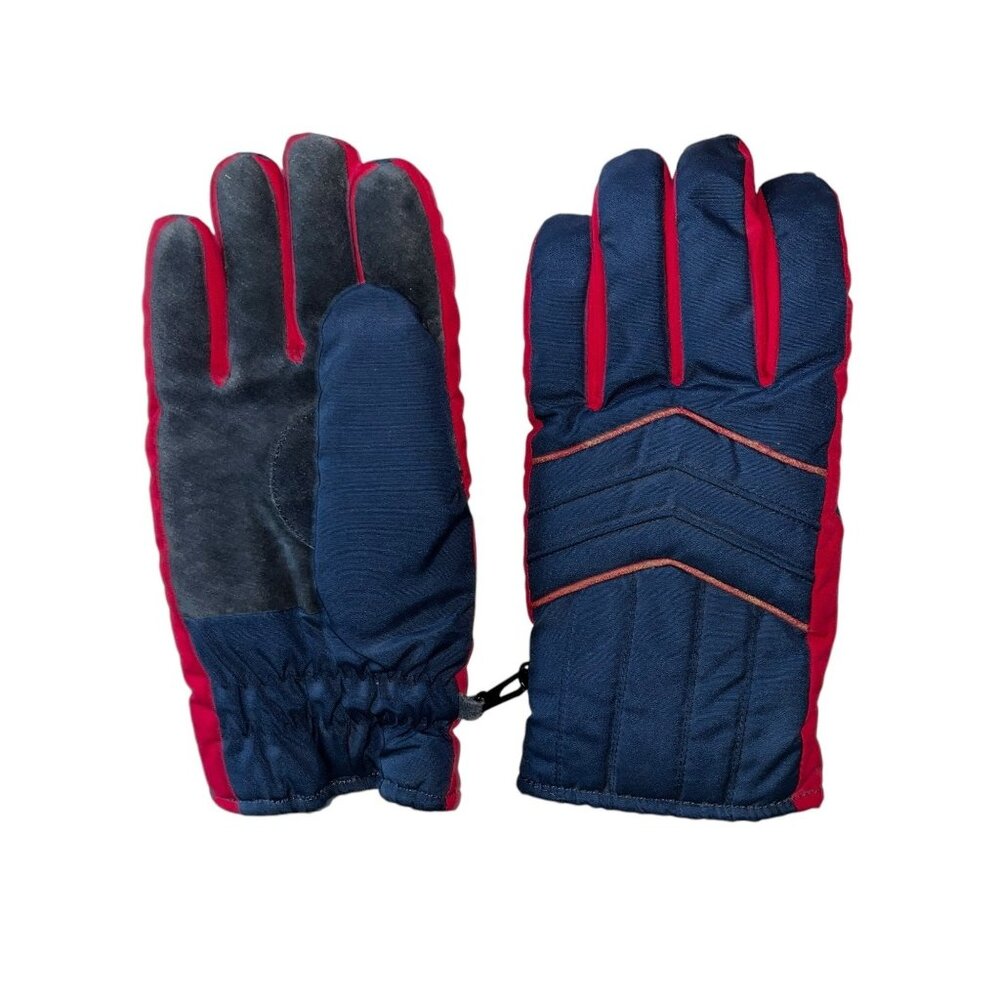 Mens Adult XL Insulated Winter Gloves With Leather Grip Palms Blue Red Polyester